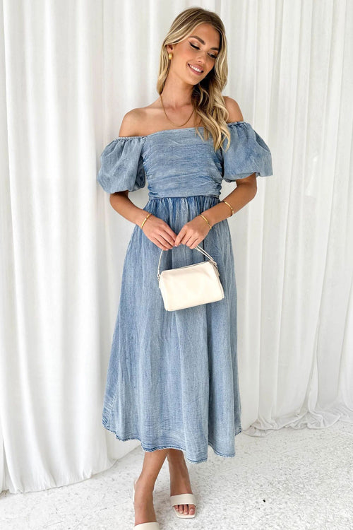 denim strapless midi dress Women's Ideal Confidence Strapless Midi Dress in Denim