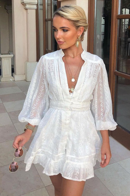 Adorable Darling White Crochet Lace Long Sleeve Mini Dress, S Adorable Darling White Crochet Lace Long Sleeve Mini Dress, S