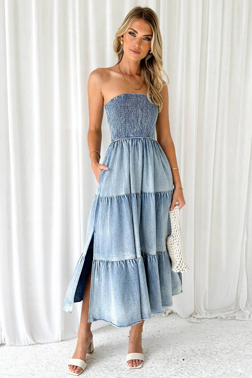 Complete Crush Denim Strapless Pleated Midi Dress Complete Crush Denim Strapless Pleated Midi Dress