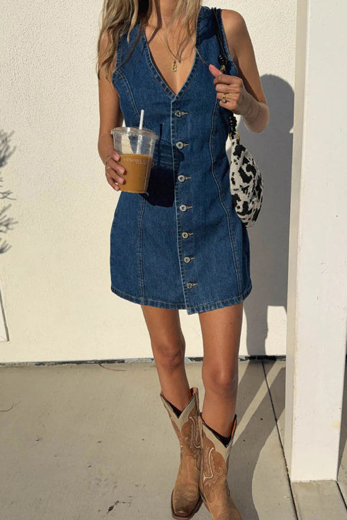 Vacation Status Tie-Back Denim Mini Dress