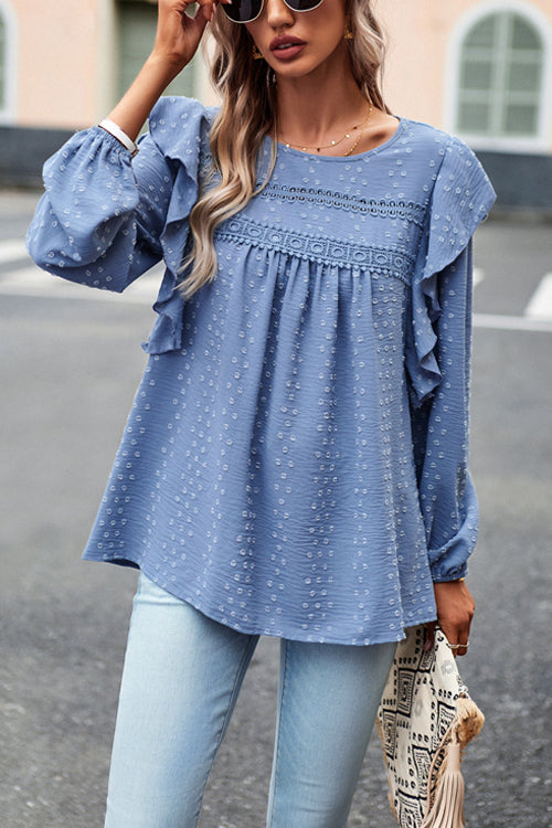 Miss You So Swiss Dot Lace Ruffled Long Sleeve  Top - 5 Colors