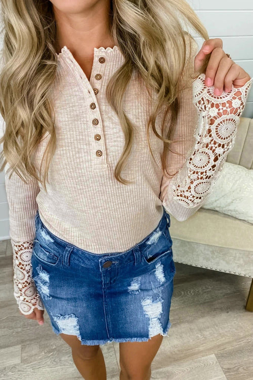Eyes On Me Ribbed Lace Long Sleeve Top - 4 Colors