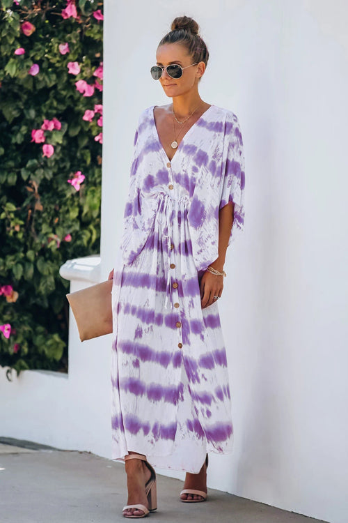 purple tie dye maxi dress Long-sleeved bohemian silk dress with a V-neck and back, and a violet tie-dye print with gold accents. A gift for her. Summer dress. Caftan