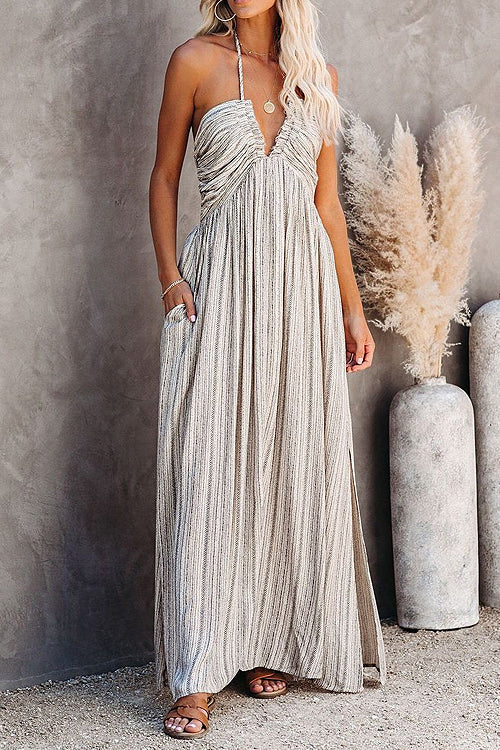 Stripe Backless Maxi Dress Summer Vacation Sleeveless Gown for Women, L / Grey Stripe Backless Maxi Dress Summer Vacation Sleeveless Gown for Women, L / Grey