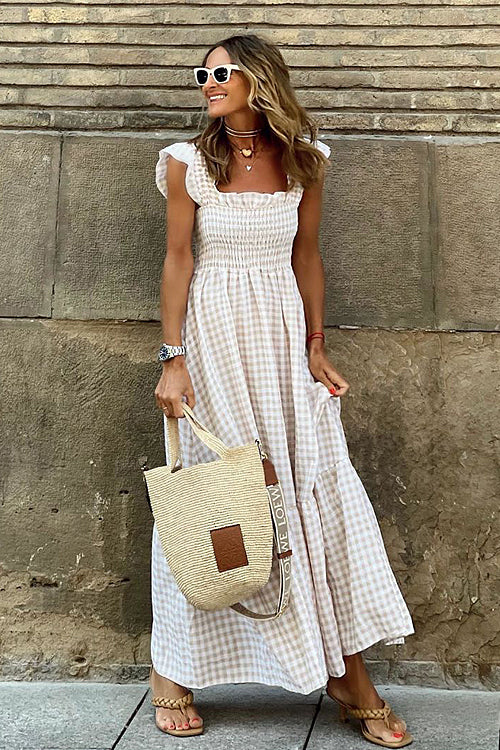 Plaid Babydoll Maxi Dress Summer Beach Ruffled Cute Dress For Women, M / Red Plaid Babydoll Maxi Dress Summer Beach Ruffled Cute Dress For Women, M / Red