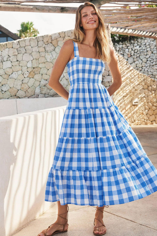 Plaid Print Maxi Dress Summer Sleeveless Babydoll Pleated Midi Dress For Women, XL / Blue Plaid Print Maxi Dress Summer Sleeveless Babydoll Pleated Midi Dress For Women, XL / Blue