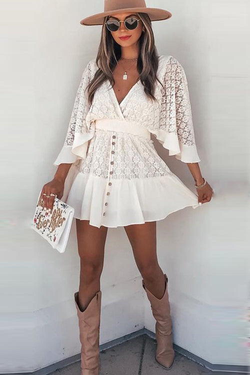 Lace V-Neck Mini Dress Short Sleeve Wedding Vacation Cute Short Dress For Women, S / White Lace V-Neck Mini Dress Short Sleeve Wedding Vacation Cute Short Dress For Women, S / White