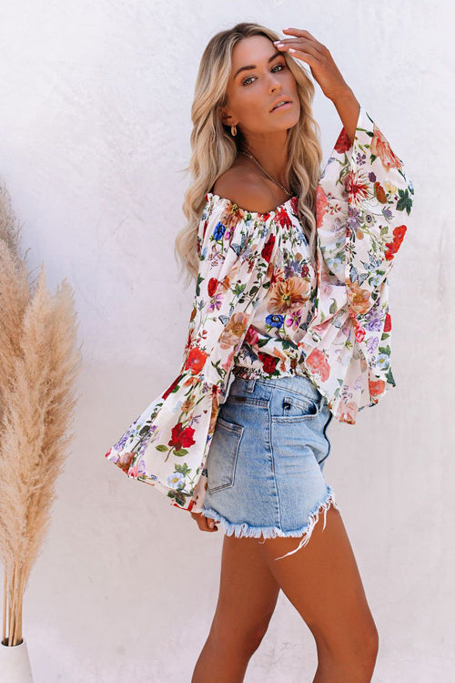 Loretta Floral Print Off Shoulder Long Sleeve Top