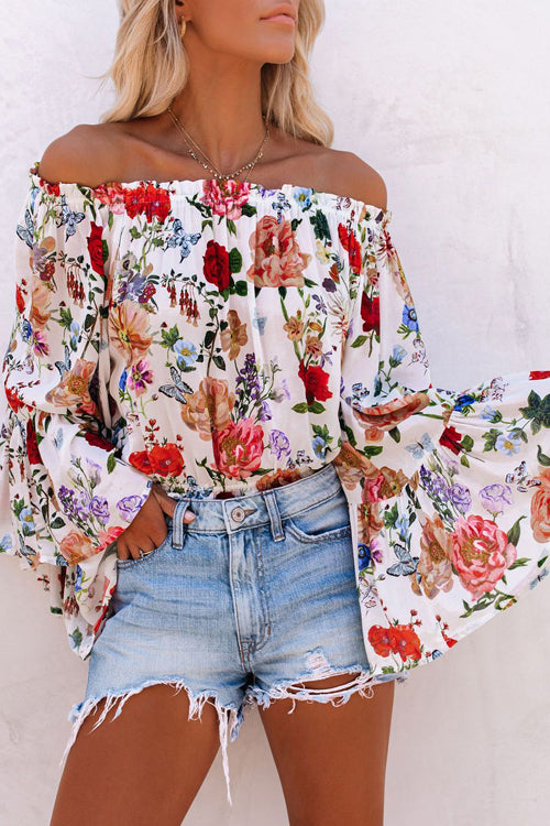 Loretta Floral Print Off Shoulder Long Sleeve Top