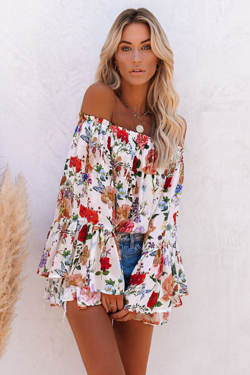 Loretta Floral Print Off Shoulder Long Sleeve Top