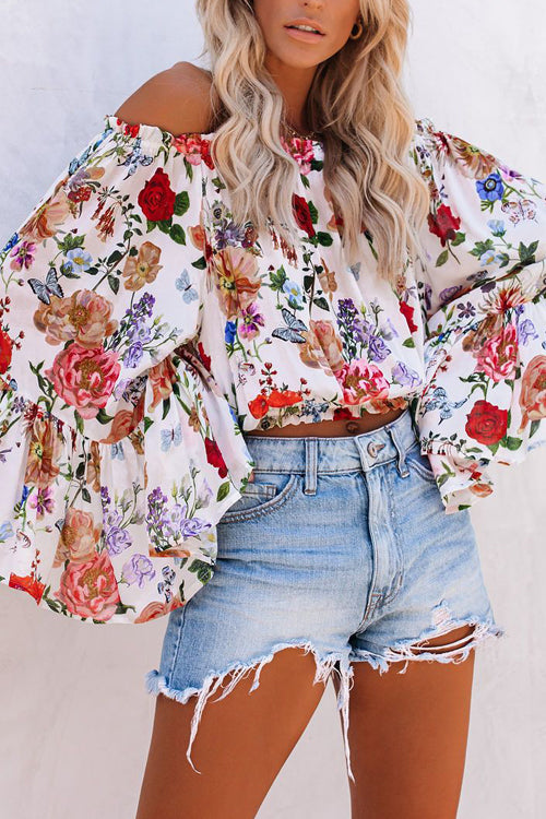 Loretta Floral Print Off Shoulder Long Sleeve Top