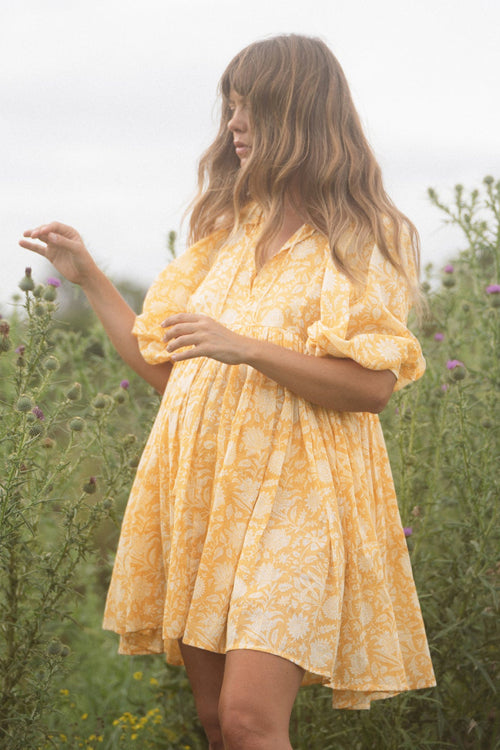 Take Your Joy Printed Babydoll Mini Dress - Yellow
