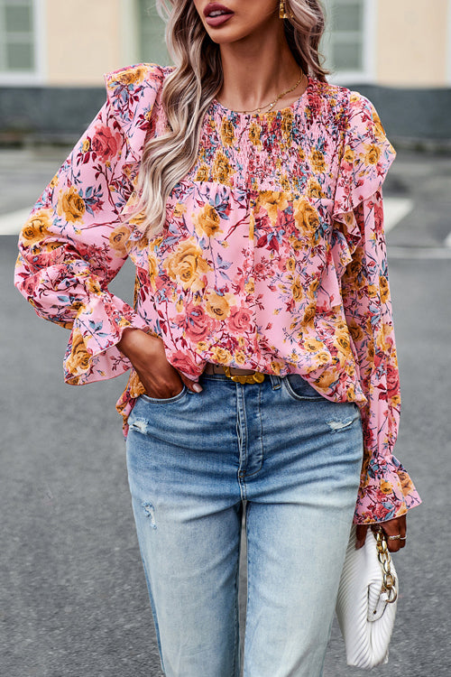 By The Garden Floral Print Long Sleeve Smocked Top - 6 Colors