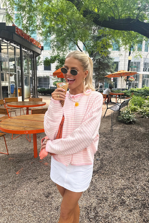 Attractively Cozy Soft Striped Knit Cardigan - Light Pink