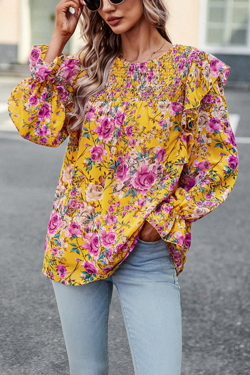 By The Garden Floral Print Long Sleeve Smocked Top - 6 Colors