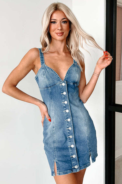 Vacation State Button Up Denim Mini Dress