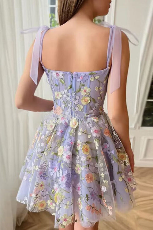 Proof of Perfection 3D Floral Embroidered Tie-Strap Mini Dress