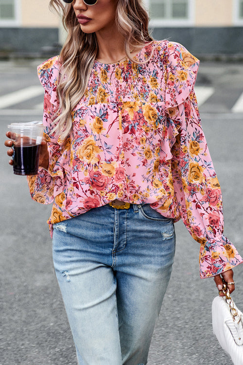 By The Garden Floral Print Long Sleeve Smocked Top - 6 Colors