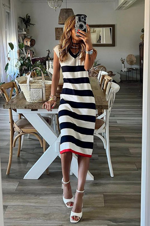 Sunny Day V-neck Stripe Midi Dress