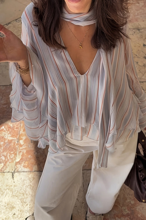 Thriving Flirt Striped Chiffon Ruffled Long Sleeve Top