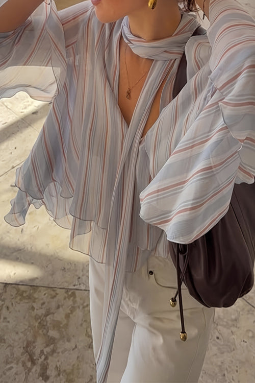 Thriving Flirt Striped Chiffon Ruffled Long Sleeve Top