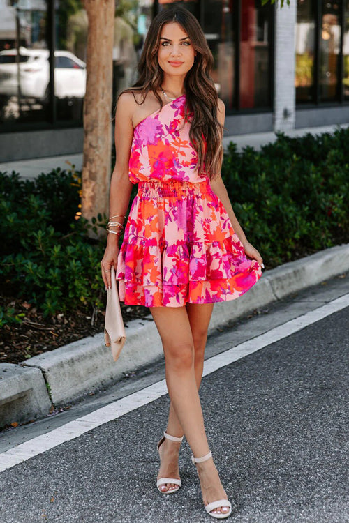pink floral one shoulder mini dress Precious Time One Shoulder Mini Dress Floral