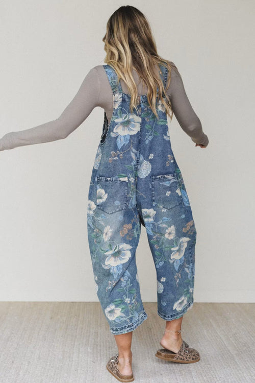 Blushing Beauty Print Denim Sleeveless Jumpsuit