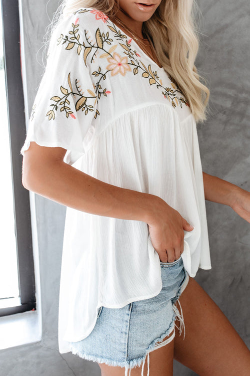 After Your Heart Floral Embroidered Short Sleeve Top