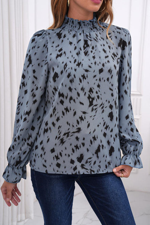 Admired Effect Print Smocked Long Sleeve Top