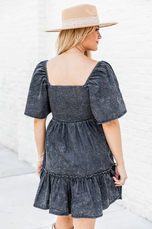denim smocked mini dress Denim Vintage Embroidered Smocked Ruffle Boho Mini Dress | Pol Clothing