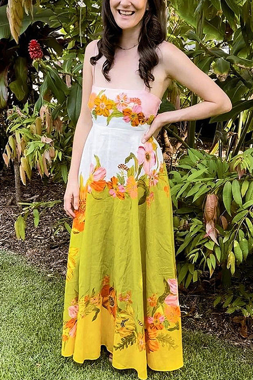 Share Your Happiness Print Maxi Dress - Green Flowers