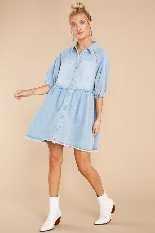 Simply The Love Denim Puff Sleeve Babydoll Mini Dress