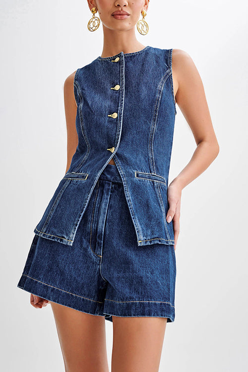 Chic Vibe Denim Sleeveless Two-Piece Suit