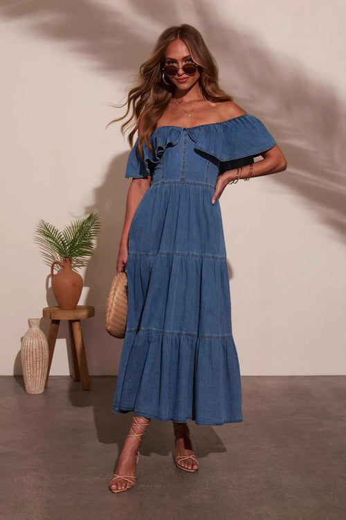 denim off the shoulder maxi dress Women Denim Off Shoulder Summer Ruffle Maxi Long Dress Holiday Beach Sundress