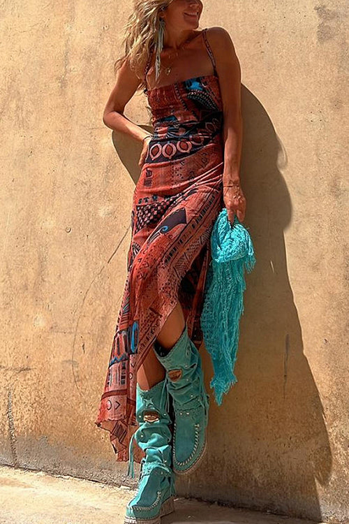 Vibrant Babe Bohemian Print Drawstring Maxi Dress