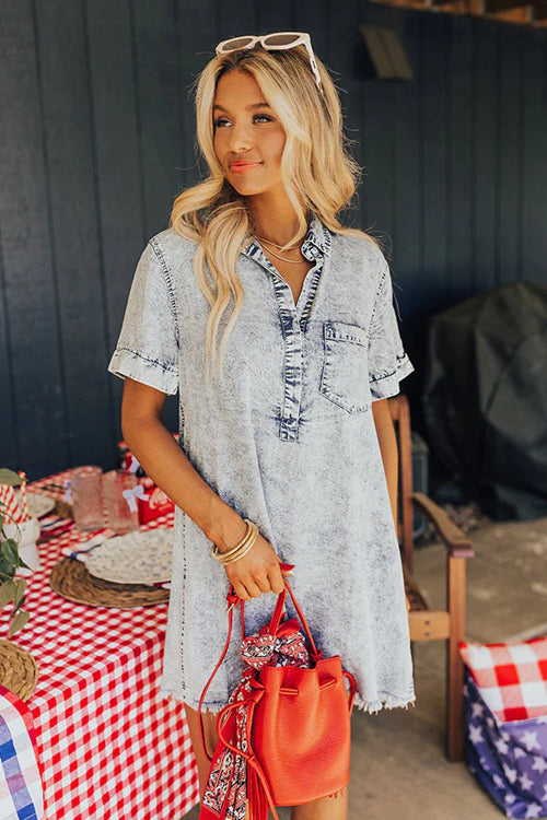 Festival Feelin' Light Wash Short Sleeve Denim Dress - 4 Colors