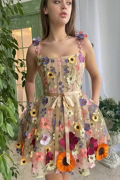 Unique Beauty 3D Floral Embroidered Tie-Strap Mini Dress Unique Beauty 3D Floral Embroidered Tie-Strap Mini Dress