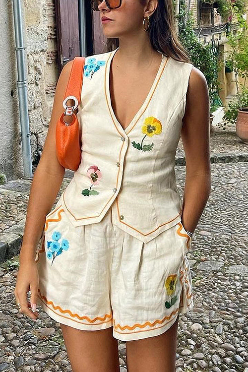 Summer Romance Floral Embroidered Sleeveless Suit