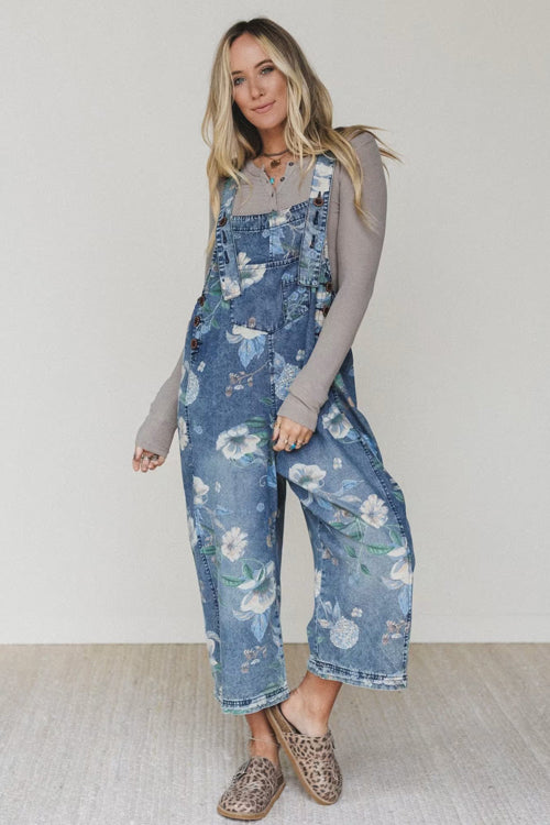 Blushing Beauty Print Denim Sleeveless Jumpsuit