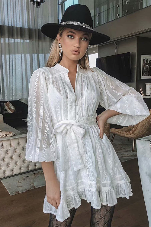 Adorable Darling White Crochet Lace Long Sleeve Mini Dress, S Adorable Darling White Crochet Lace Long Sleeve Mini Dress, S