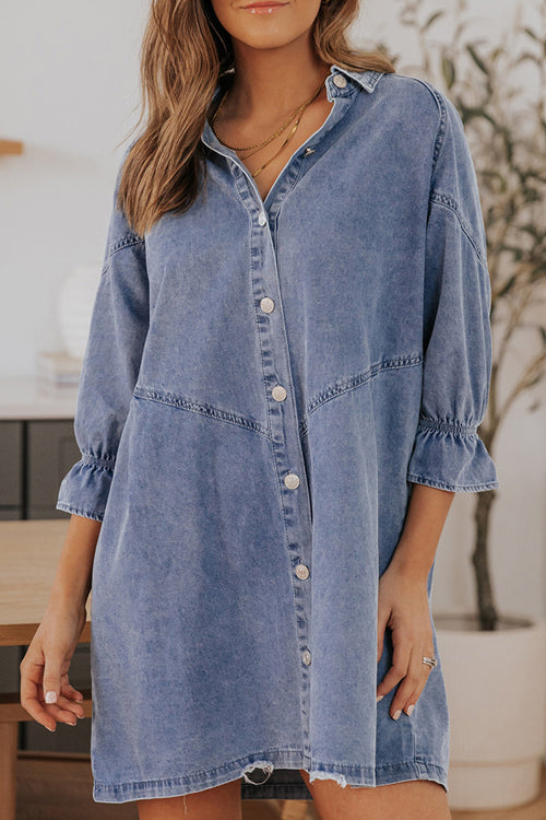 Step Out Half Sleeve Button Down Denim Mini Dress