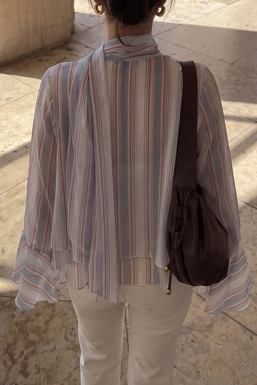 Thriving Flirt Striped Chiffon Ruffled Long Sleeve Top