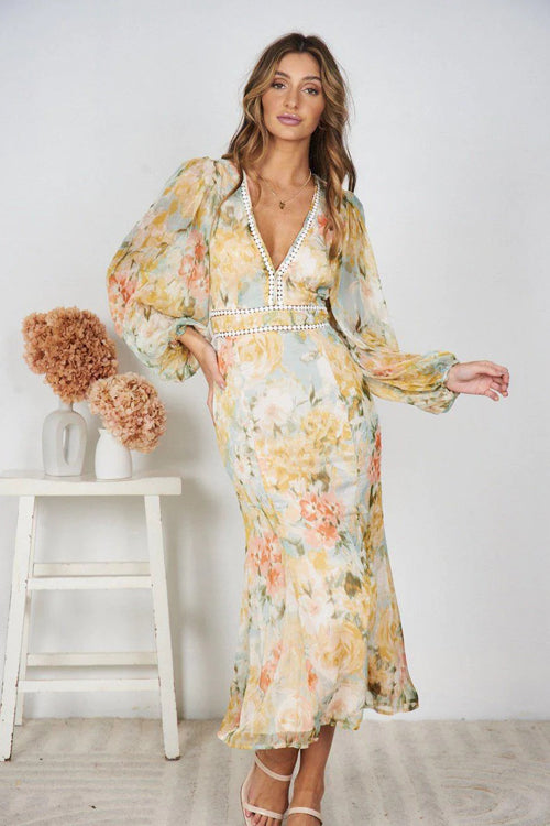 Radiantly Sweet Long Sleeve Floral Print Maxi Dress