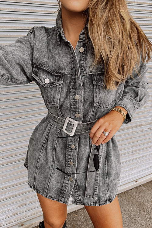 DIANTE Damage denim mini dress グレー Ready To Charm Long Sleeve Denim Mini Dress – Beetsweeti