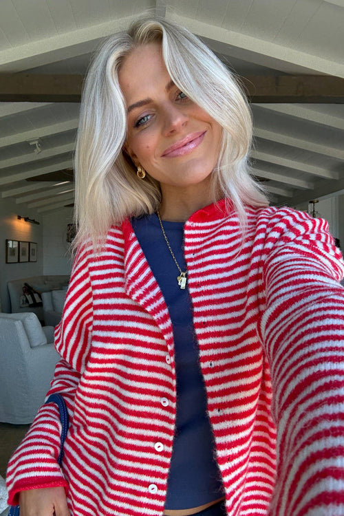 Attractively Cozy Soft Striped Knit Cardigan - Red