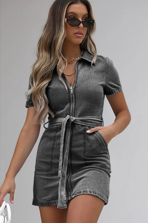 Trending Topic Zip Short Sleeve Denim Mini Dress - 3 Colors