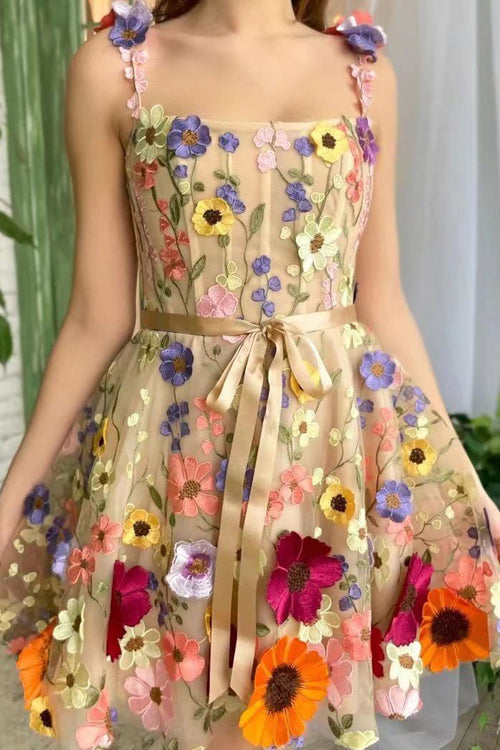 Unique Beauty 3D Floral Embroidered Tie-Strap Mini Dress
