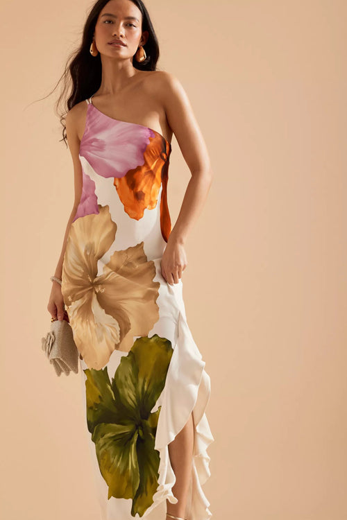 Compelling Romantic One Shoulder Floral Print Maxi Dress