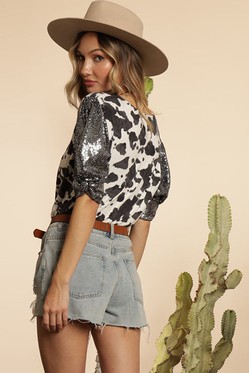 Cow Boy Print Sequin Short Sleeve Top - 2 Colors