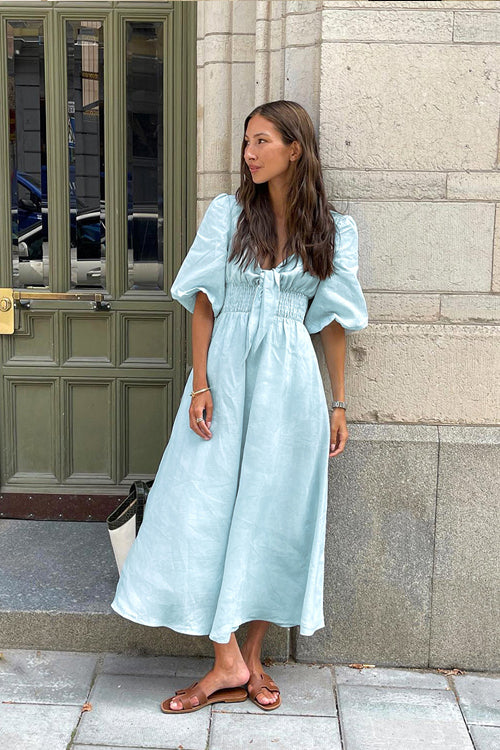 Playful Style Blue Puff Sleeves Maxi Dress